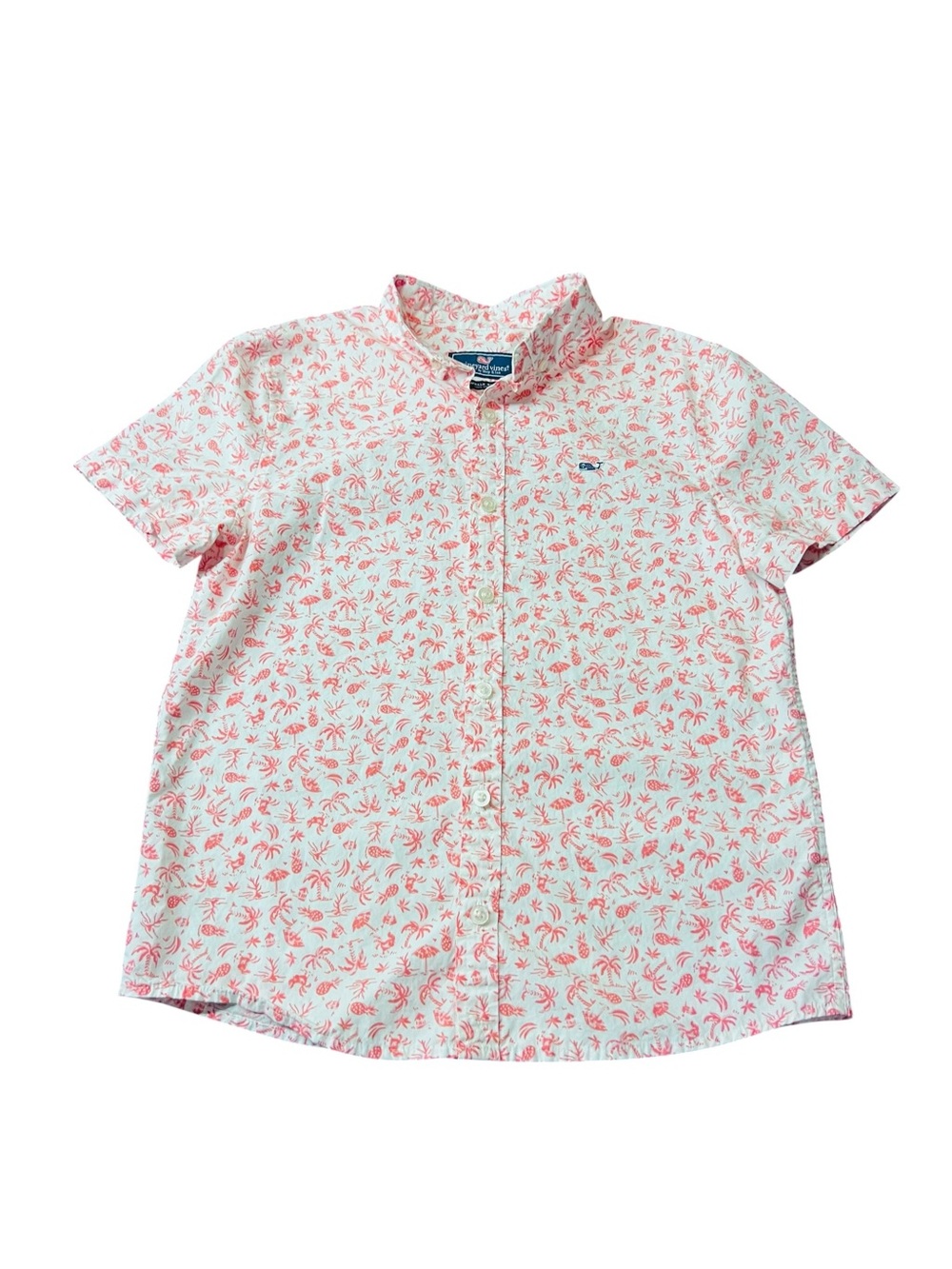 Vineyard Vines White Button-Down Shirt with Orange Pink Palm Print Boys Medium